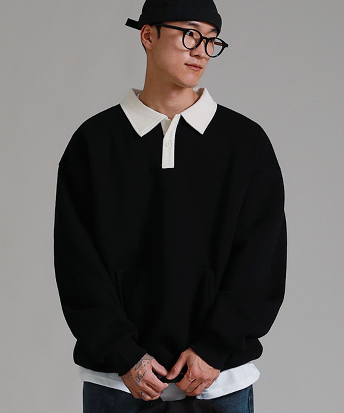 라이크더모스트(LIKE THE MOST) 카라 럭비 오버 스웨트셔츠_블랙
