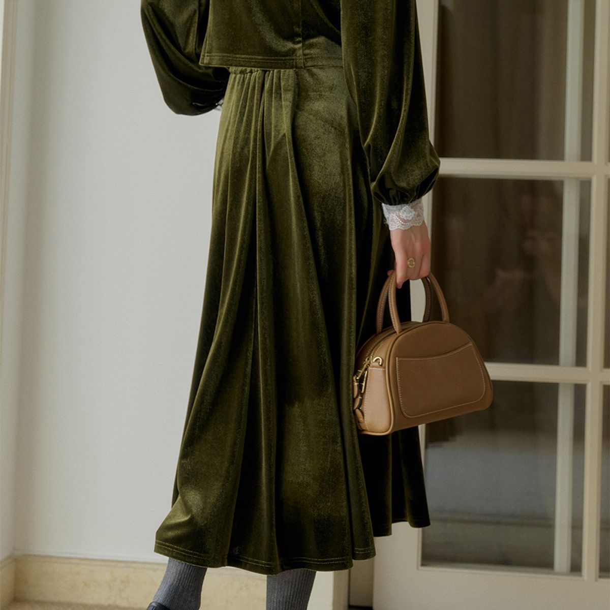 심플레트로(SIMPLE RETRO) SR_Vintage velvet green long skirt