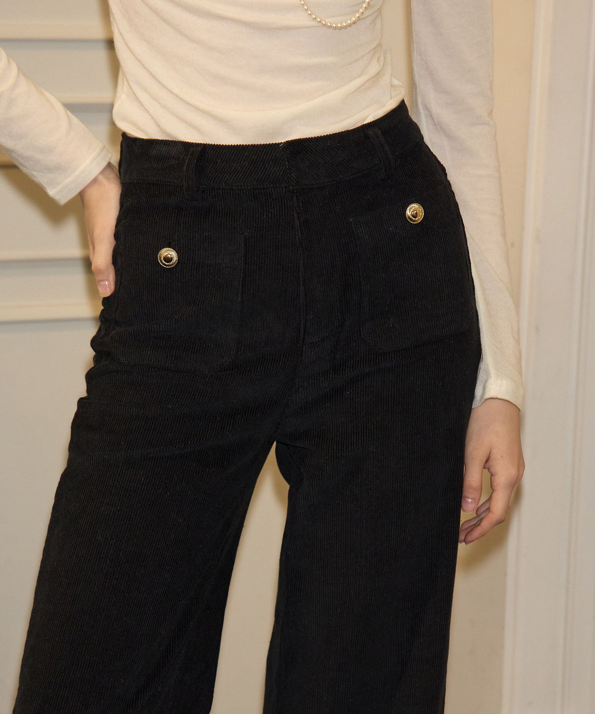 살롱 드 욘(SALON DE YOHN) Button Point Coduroy Pants_ Black
