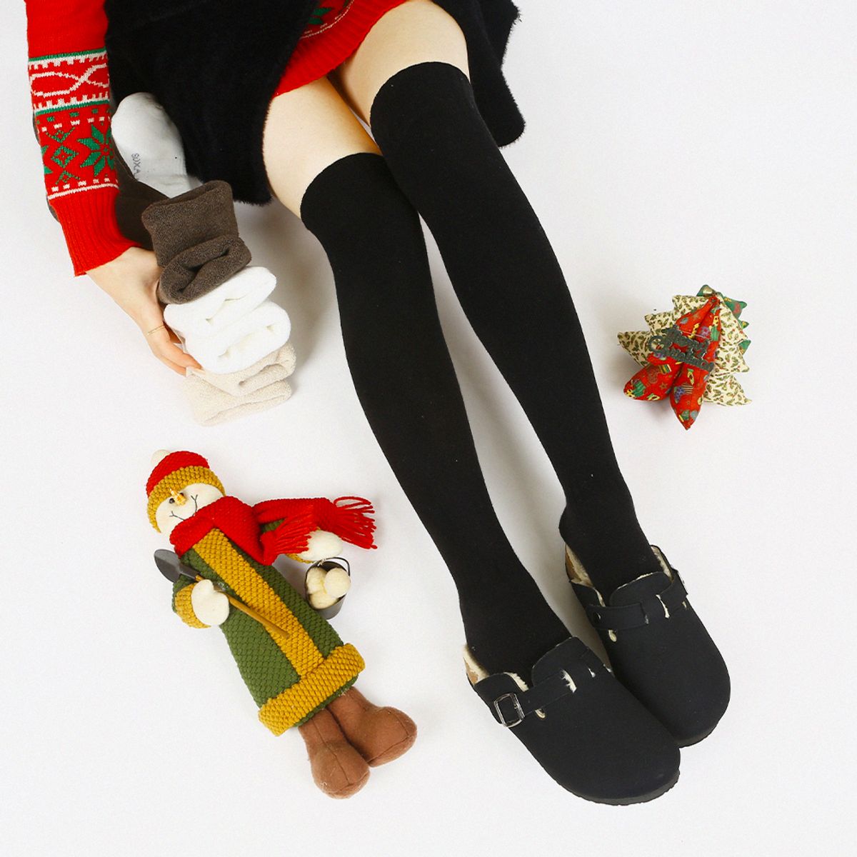 삭스에이(SOCKSA) 따뜻한 순면 통파일 무지 오버니삭스 기모 여성