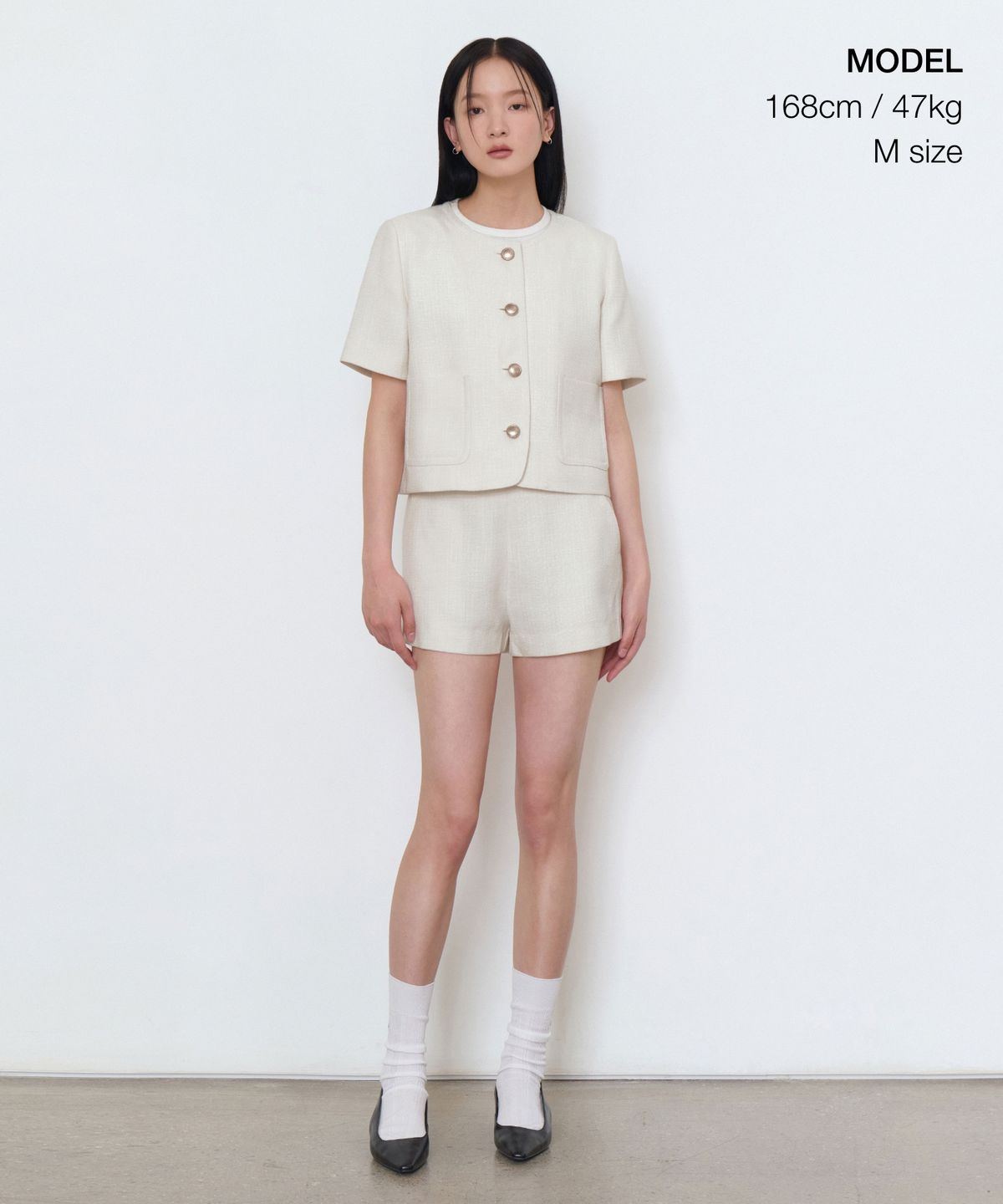 무신사 스탠다드 우먼(MUSINSA STANDARD WOMAN) 우먼즈 라운드 넥 트위드 크롭 반소매 재킷 [크림]