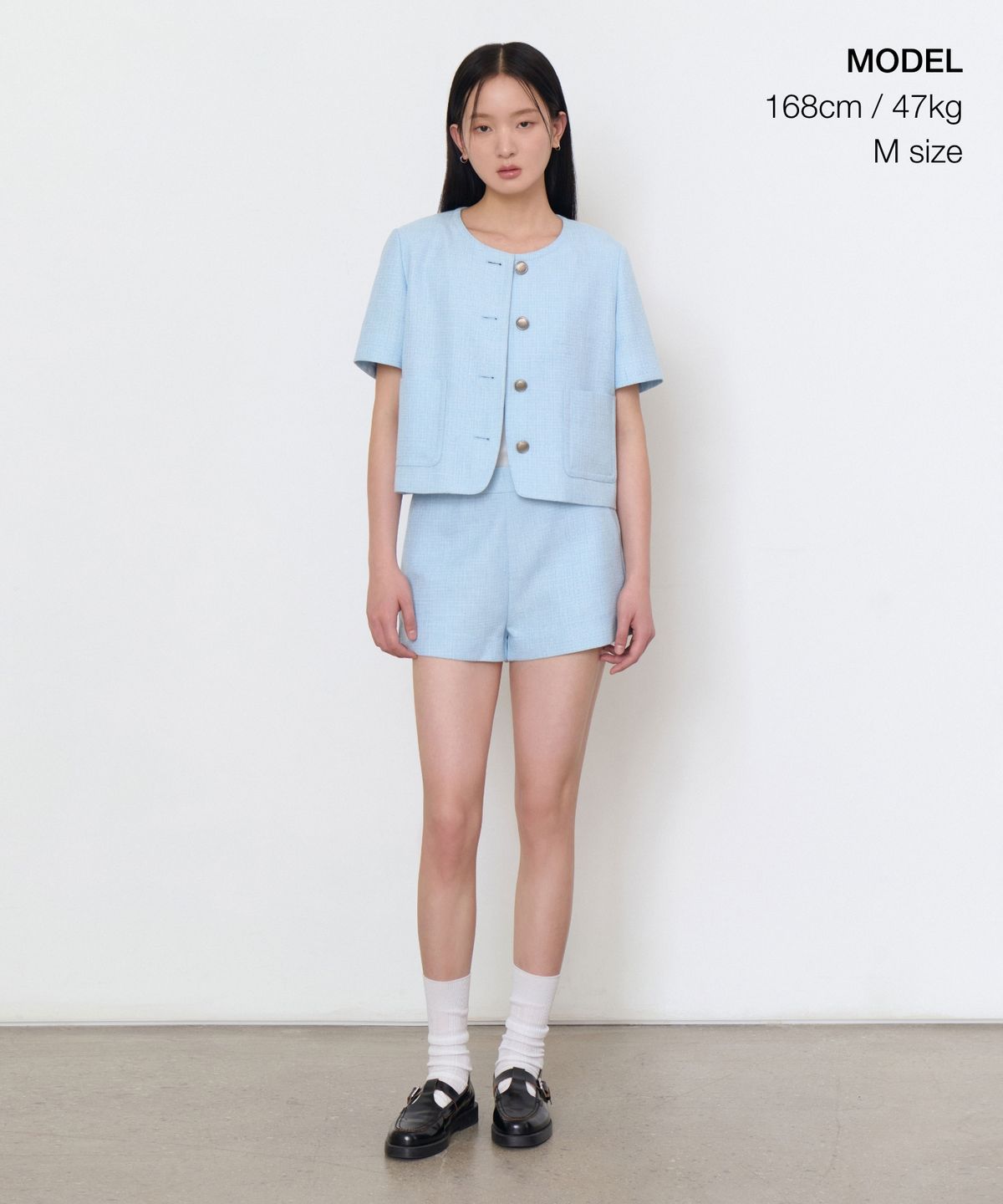 무신사 스탠다드 우먼(MUSINSA STANDARD WOMAN) 우먼즈 라운드 넥 트위드 크롭 반소매 재킷 [스카이 블루]
