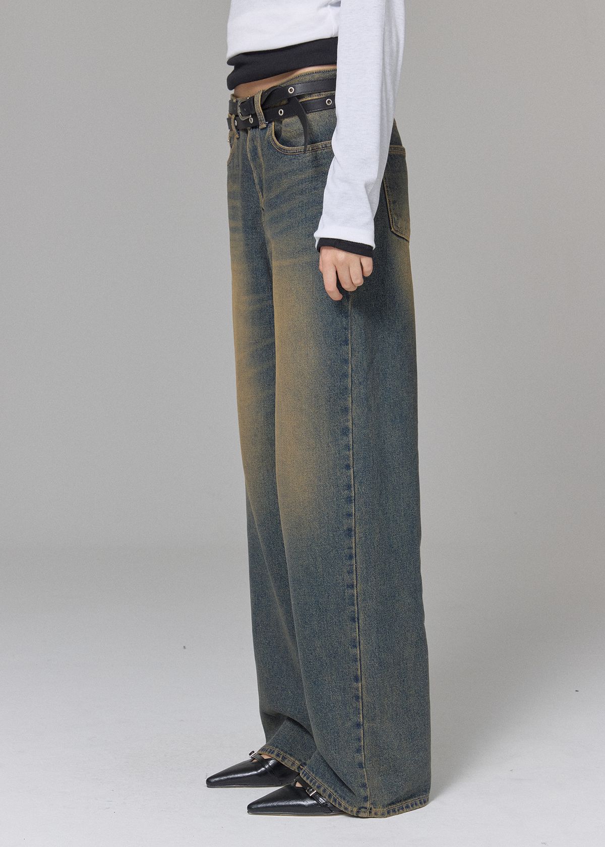 버튼업(BUTTON UP) 빈티지 워시드 와이드 기모데님