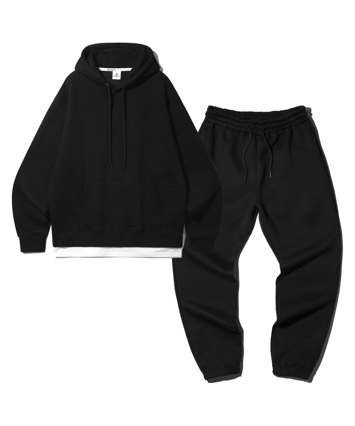앨빈클로(ALVINCLO) [SET] 레이어드 오버핏 기모 후드티 무지 조거 트레이닝 팬츠 셋업