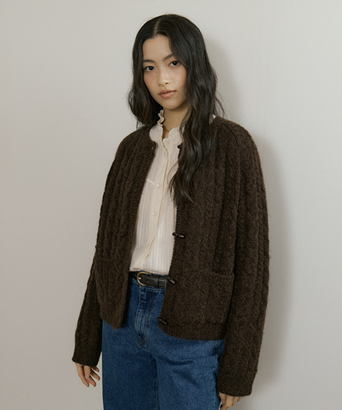 링서울(LINGSEOUL) alpaca kint toggle cardigan-brown