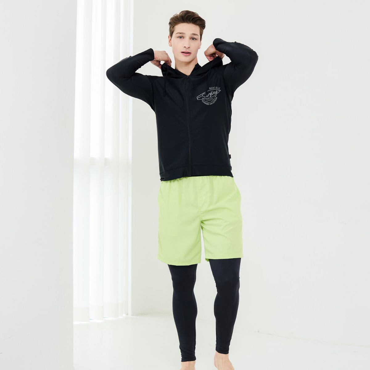베이직엘르(BASIC ELLE) 남성인 집업 래쉬가드 비치반바지 워터레깅스 세트 BEM-X093
