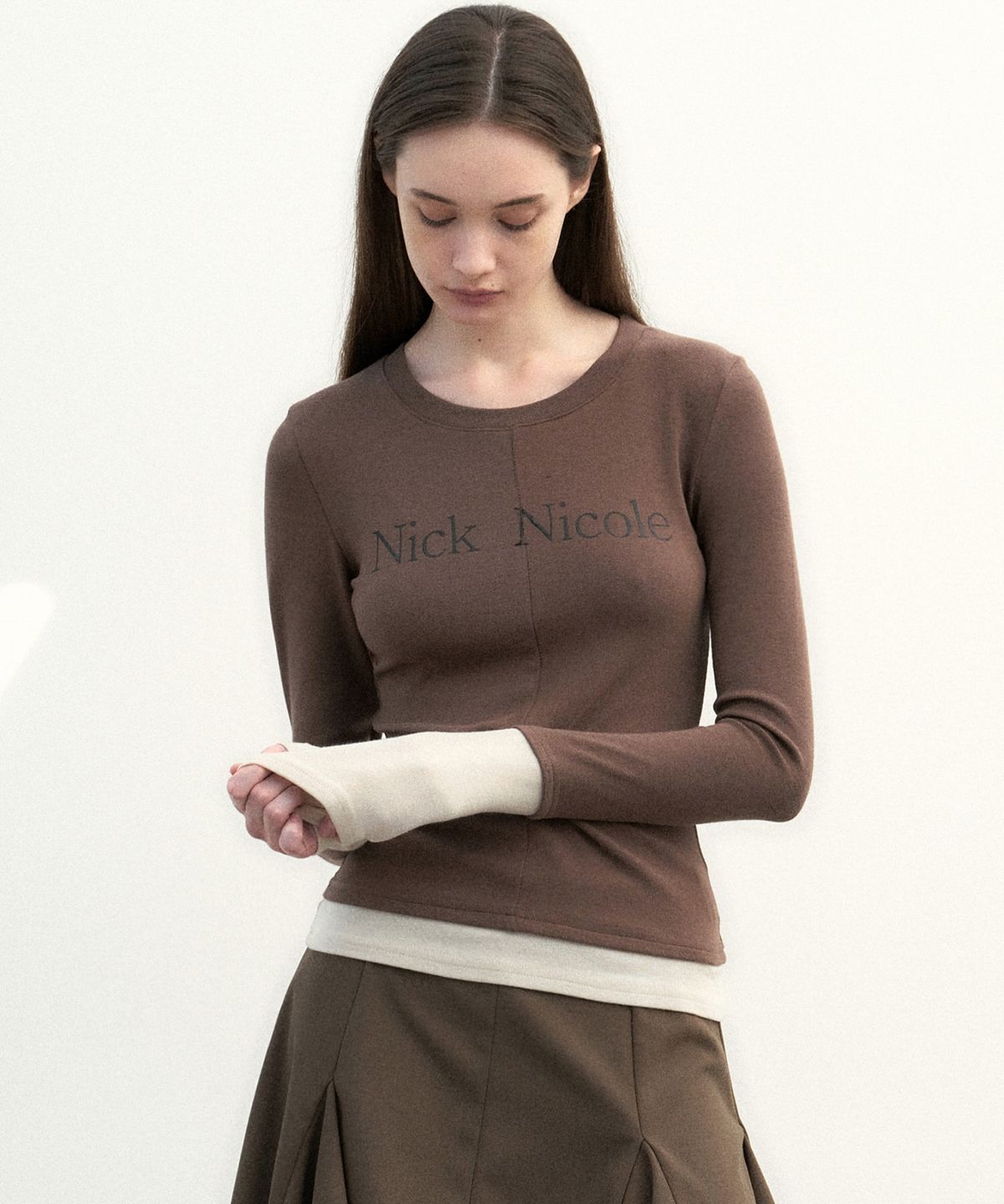 닉앤니콜(NICK&NICOLE) LAYERED PINTUCK LONG SLEEVE TOP_COCOA BROWN