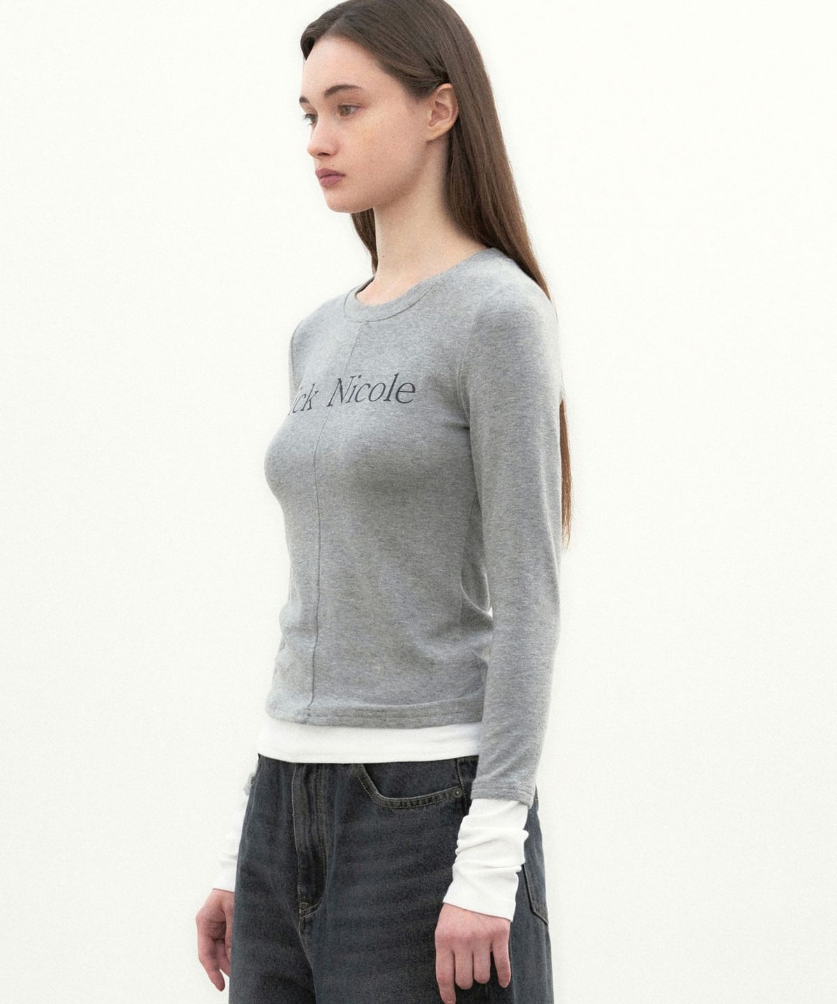 닉앤니콜(NICK&NICOLE) LAYERED PINTUCK LONG SLEEVE TOP_GRAY