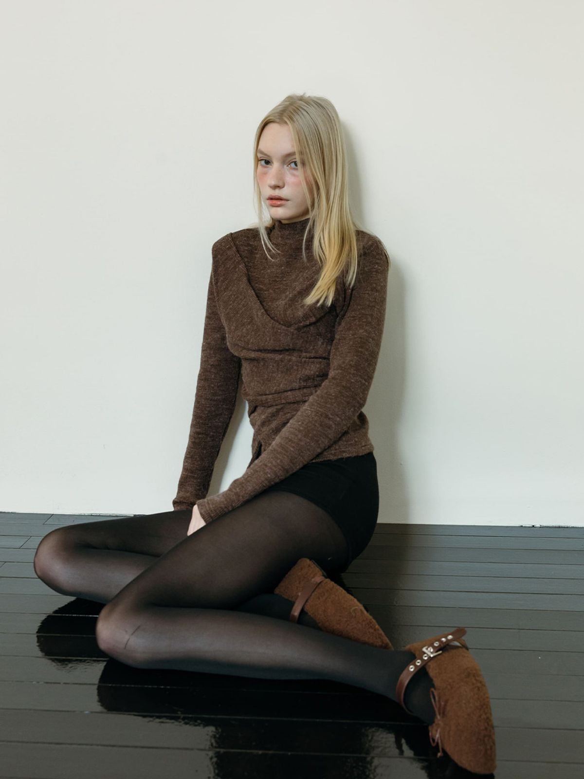 모이페어(MOIFAIRE) LAYERED WRAP T-SHIRT / BROWN