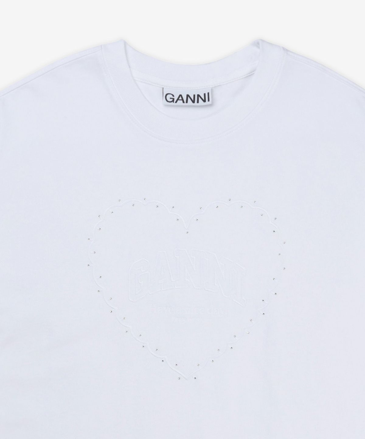 가니(GANNI) 헤비 코튼 드롭 숄더 하트 반소매 티셔츠 - 화이트 / T4033151