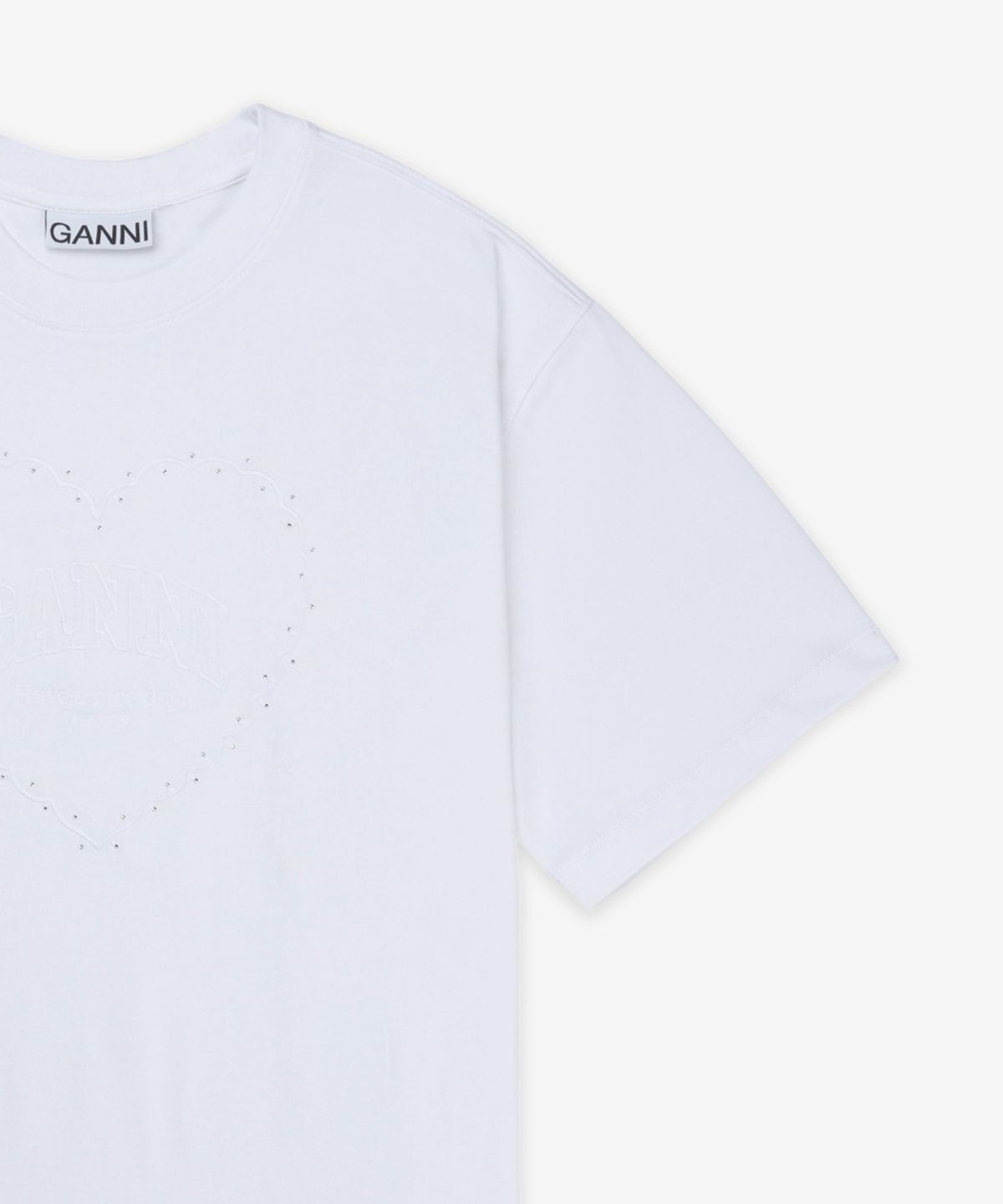 가니(GANNI) 헤비 코튼 드롭 숄더 하트 반소매 티셔츠 - 화이트 / T4033151