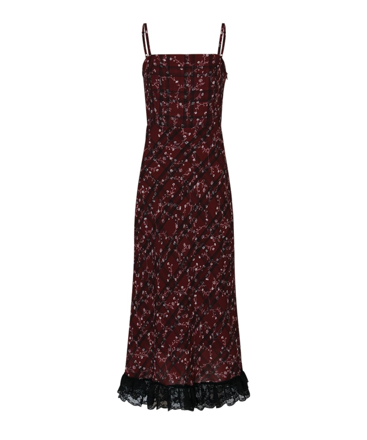 루루서울(LOULOUSEOUL) Check Flower Slim Long Dress (burgundy)
