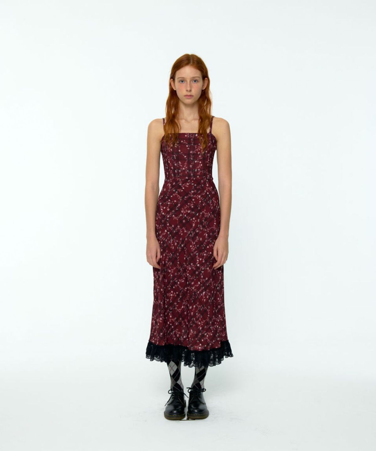 루루서울(LOULOUSEOUL) Check Flower Slim Long Dress (burgundy)