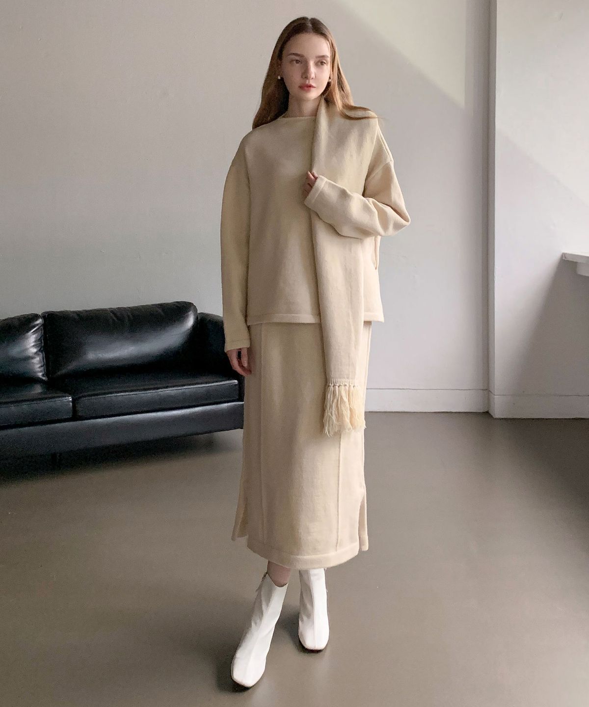 바스카라(VASCARA) [SET] Pullover Wool Knit+Slit Skirt+muffler (4colors)