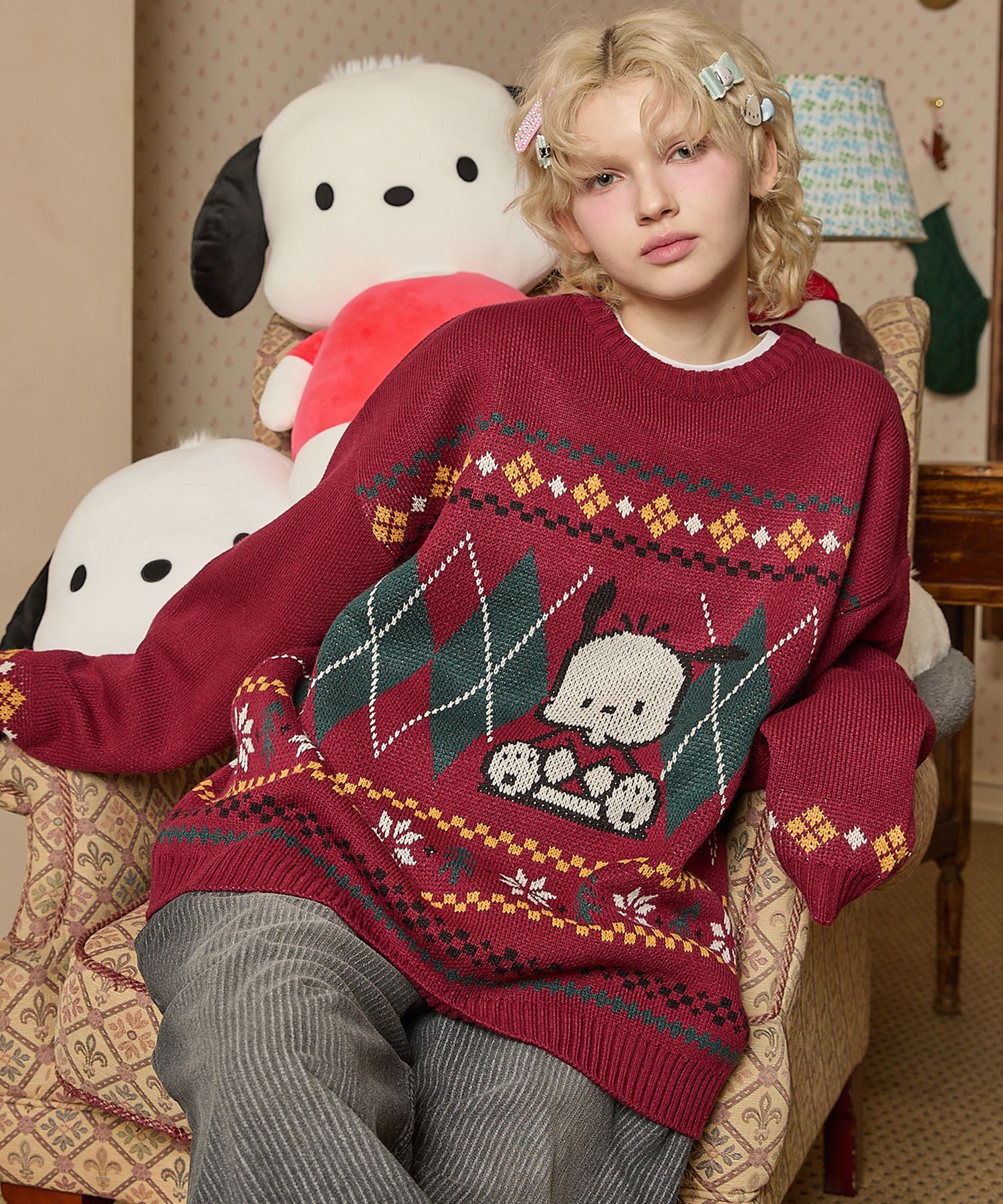 MUSINSA公式 | WAI KEI Pochaco Argyle Knit Red