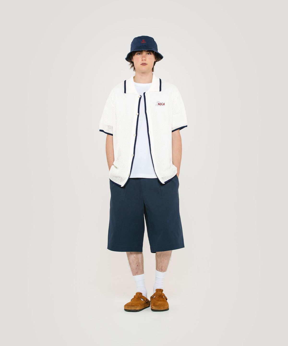 에이카화이트(AECA) CROCHET COLLAR HALF SLEEVE KNIT SHIRTS-IVORY