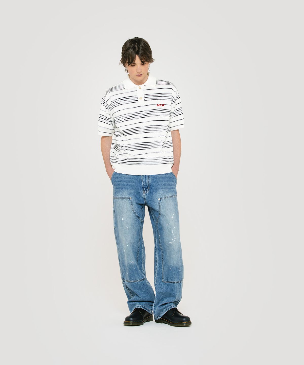 에이카화이트(AECA) STRIPE STRUCTURE COLLAR NECK HALF KNIT-WHITE/NAVY