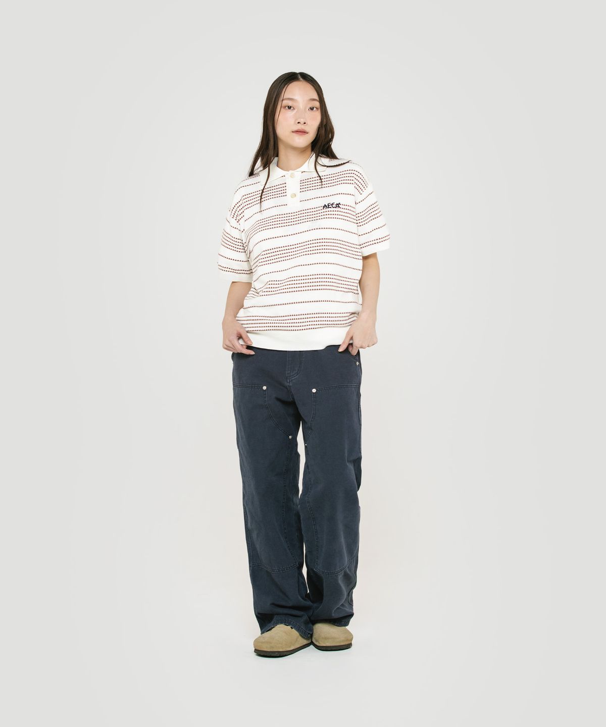 에이카화이트(AECA) STRIPE STRUCTURE COLLAR NECK HALF KNIT-WHITE/BROWN