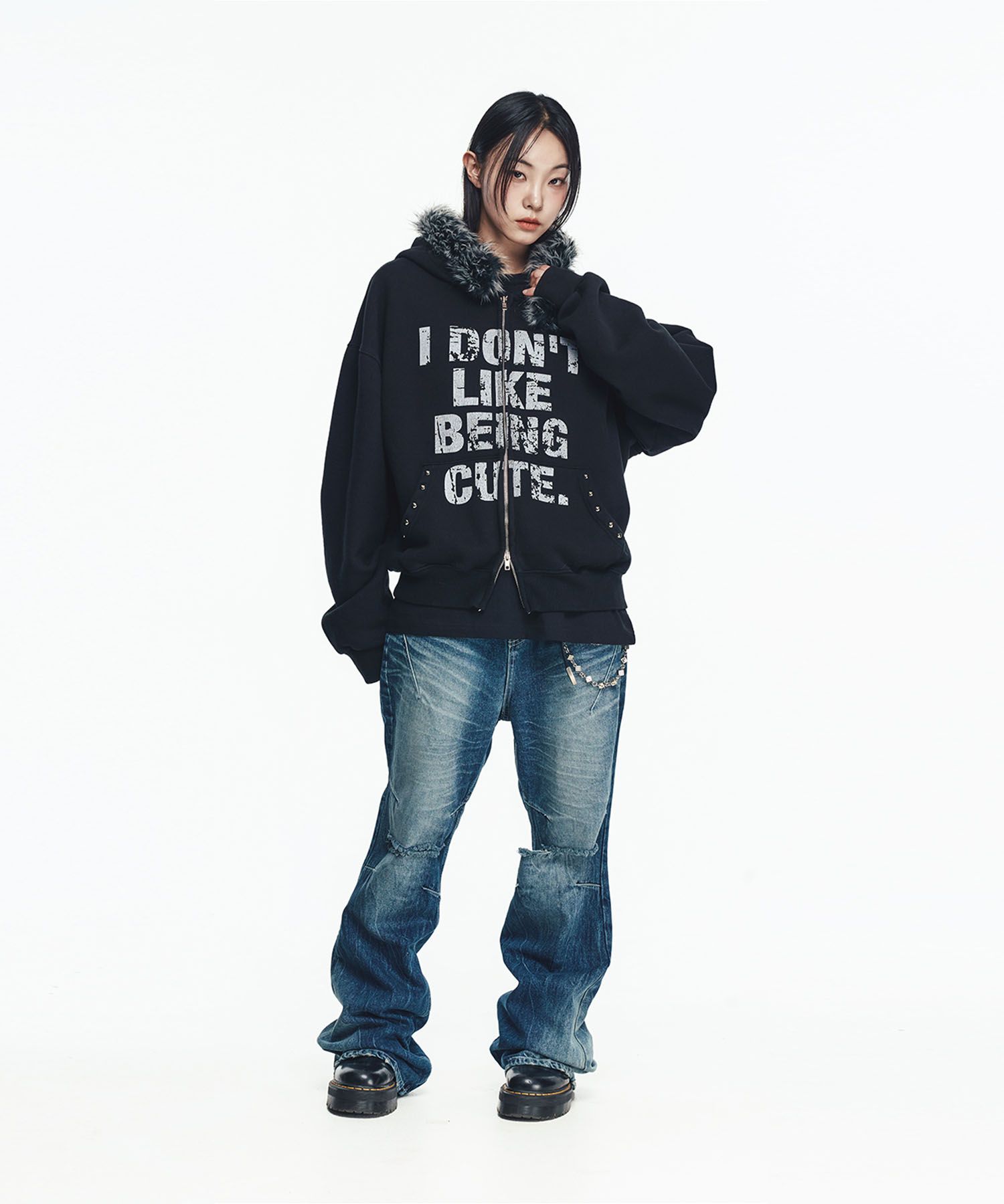 【EASY NO EASY】Crop Fur Hood Zip-Up ★男女兼用★追跡付 MUSINSA | EASY NO EASY Crop Fur Hooded Zip-Up - Black