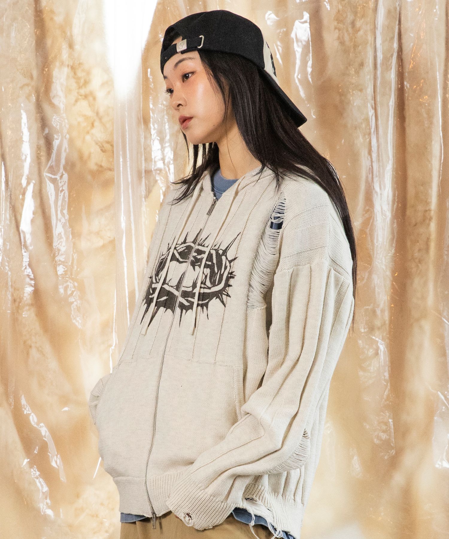めだめだ！ MUSINSA公式 | XTONZ XTK126 STEV DAMAGE KNIT HOODED ZIP-UP