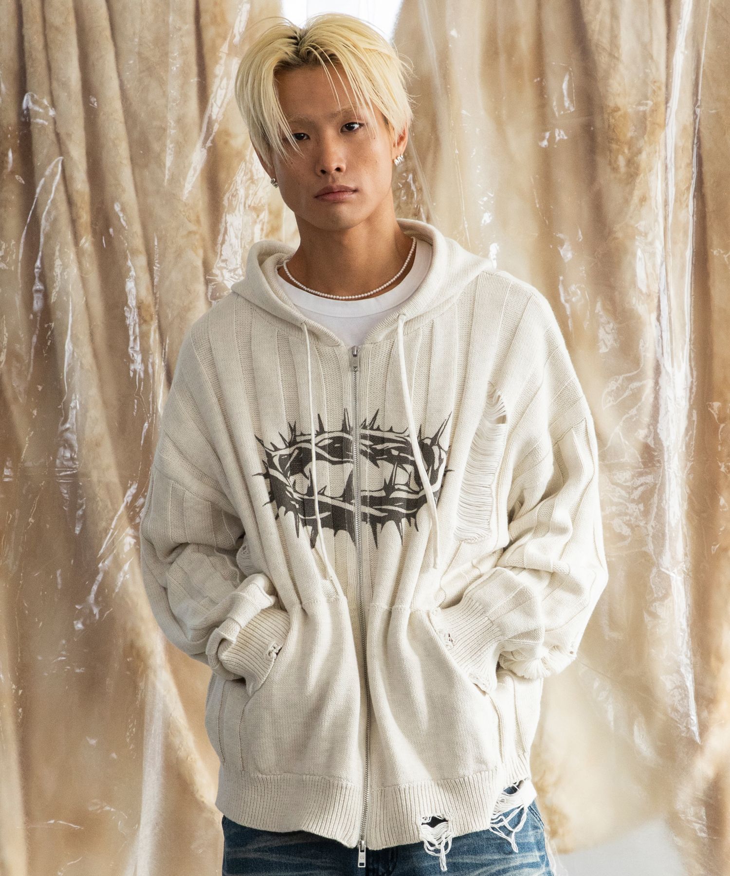 めだめだ！ MUSINSA公式 | XTONZ XTK126 STEV DAMAGE KNIT HOODED ZIP-UP