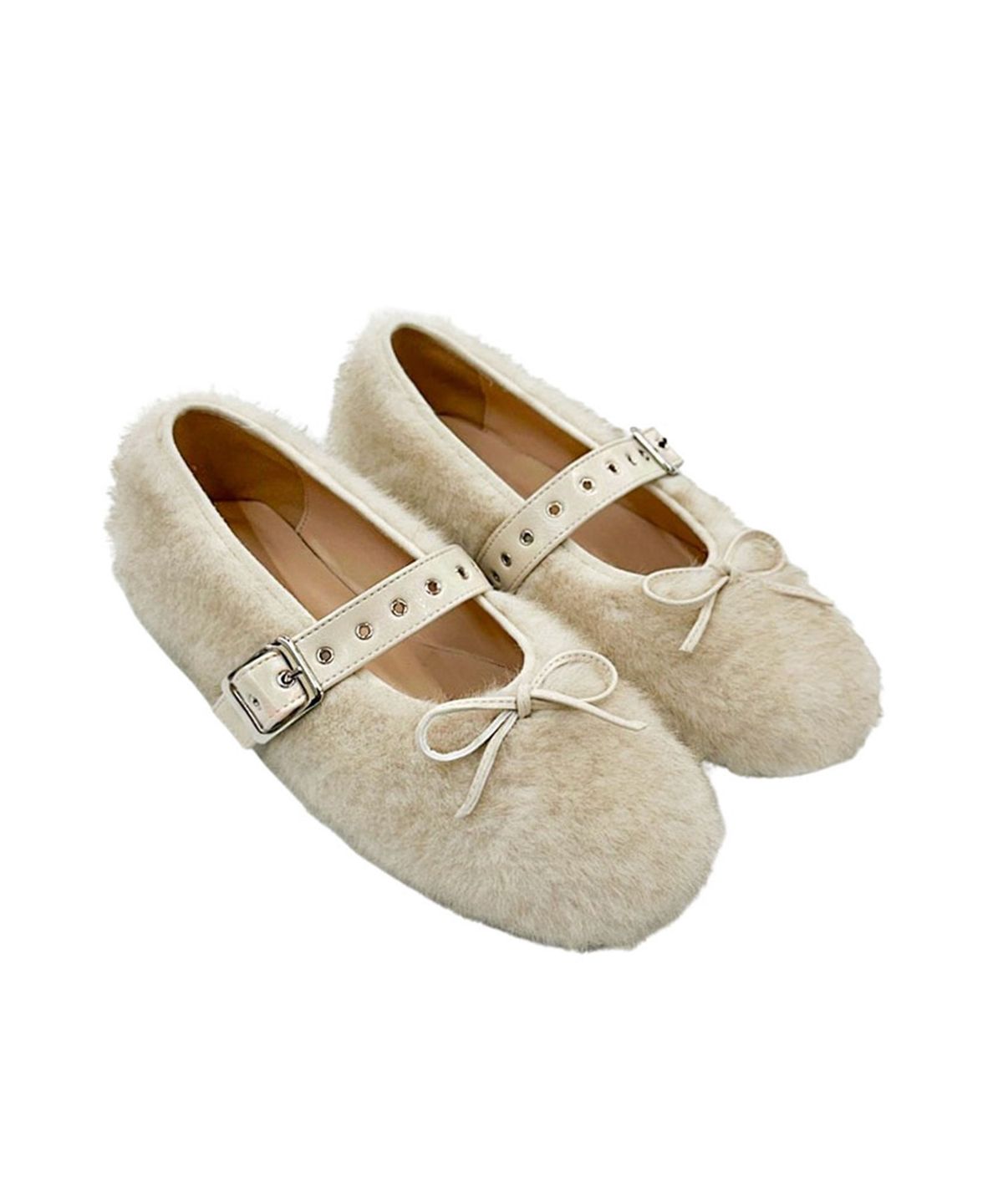루루서울(LOULOUSEOUL) Buckle Fur Flat Shoes (Cream)