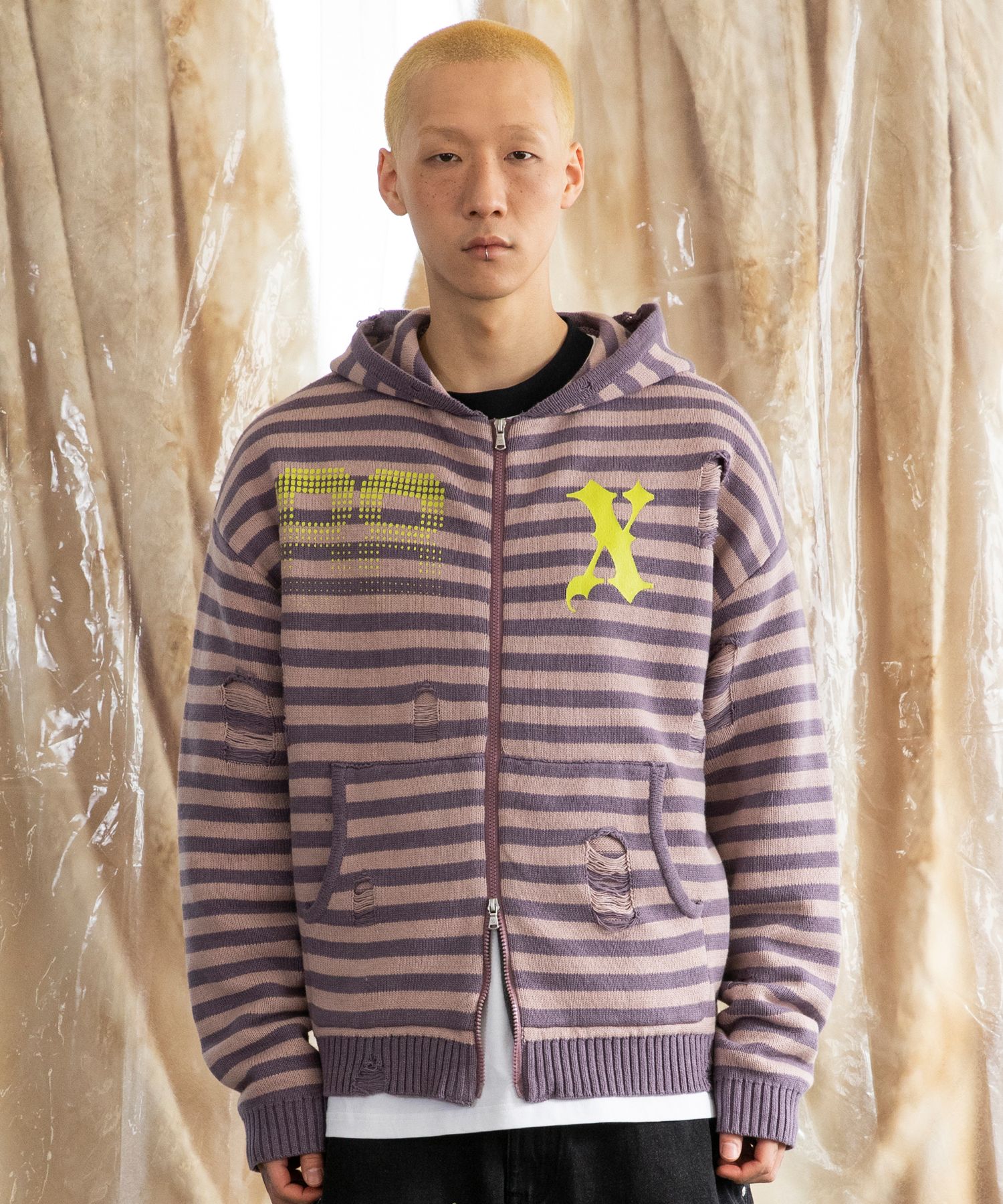 MUSINSA | XTONZ XTK131 Damage Stripe Knit Hoodie (PURPLE)