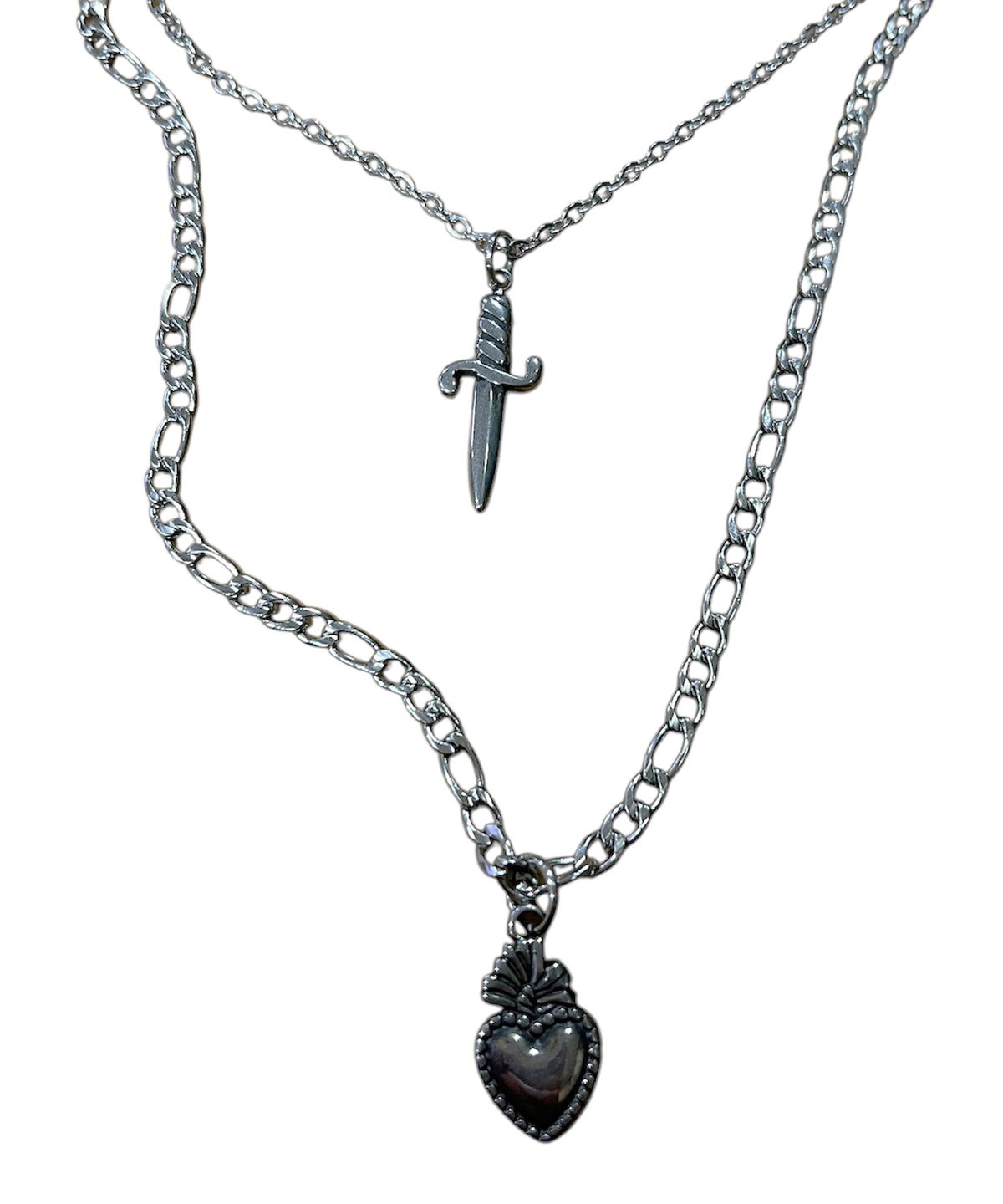 스케이터락(SK8ER ROCK) Holy Heart Dagger Layered Necklace ((Steel))