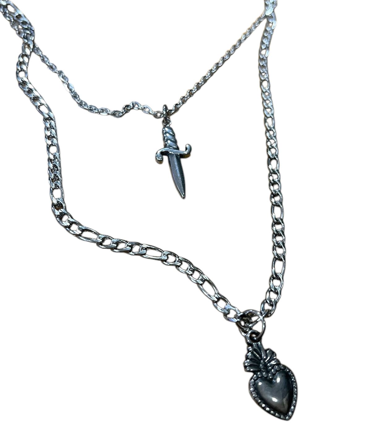 스케이터락(SK8ER ROCK) Holy Heart Dagger Layered Necklace ((Steel))
