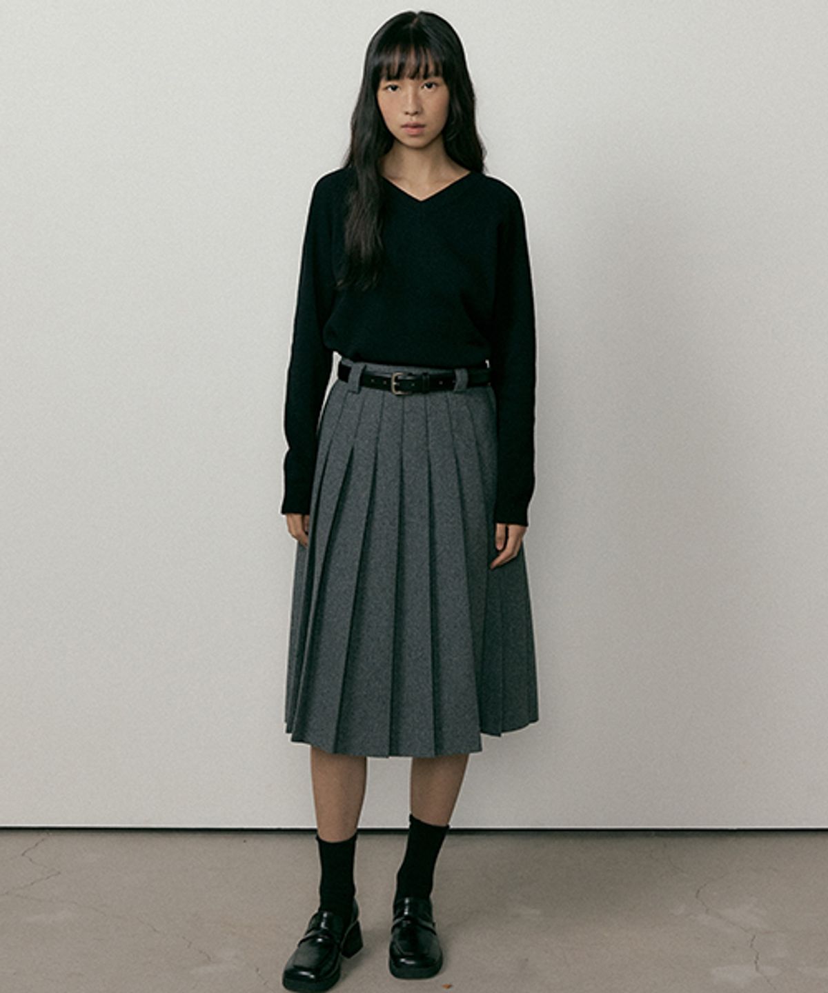 링서울(LINGSEOUL) wool pleated midi skirt-charcoal