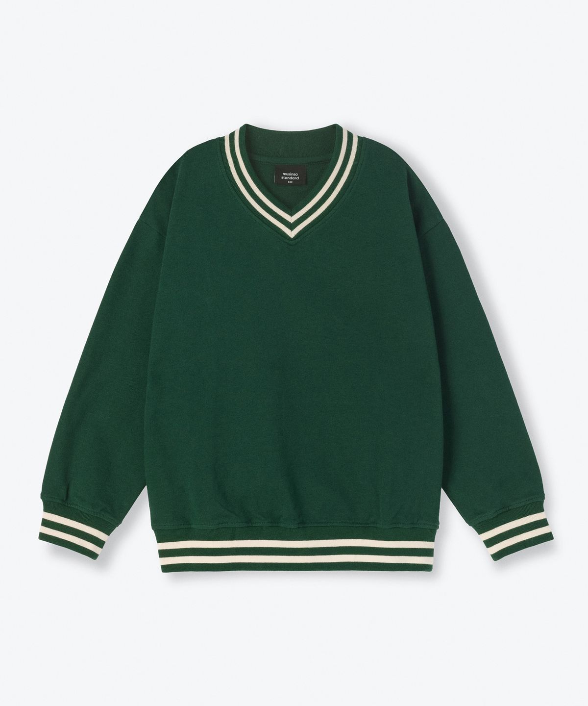 무신사 스탠다드 키즈(MUSINSA STANDARD KIDS) 오버사이즈 프레피 브이 넥 스웨트셔츠 [딥 그린]