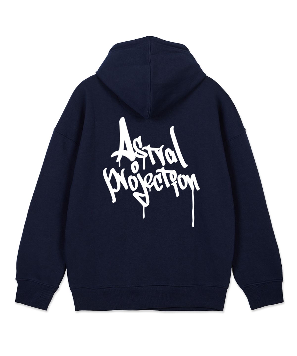 아스트랄 프로젝션(ASTRAL PROJECTION) 펜 그래피티 레터링 오버핏 와이드 숄더 후디_네이비