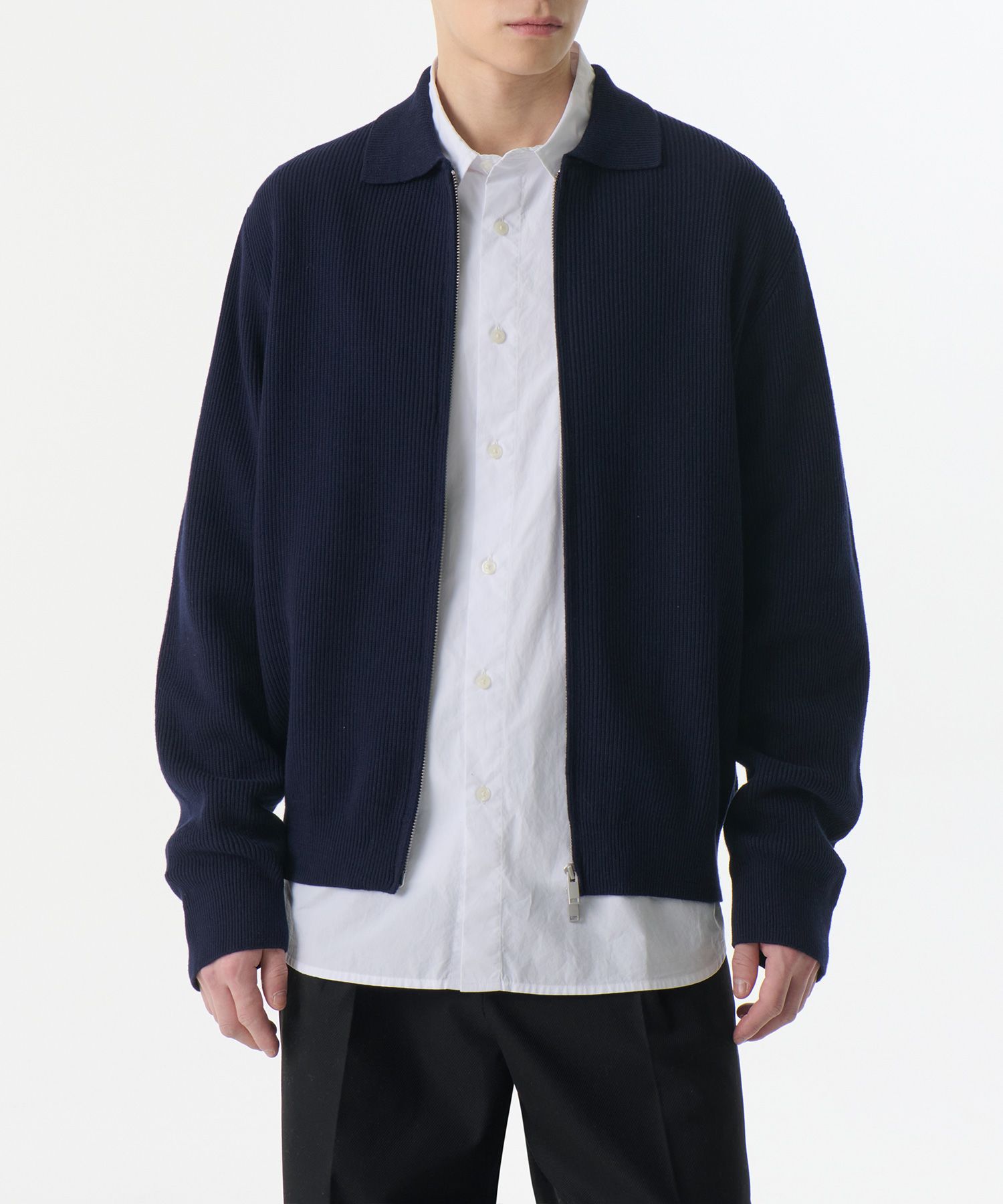 MUSINSA公式 | MUSINSA STANDARD Cotton collared knit zip-up [Navy]