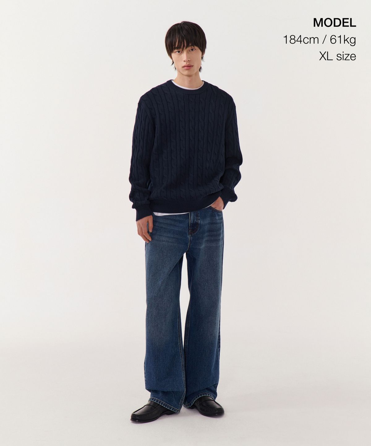 무신사 스탠다드(MUSINSA STANDARD) 코튼 케이블 크루 넥 니트 [네이비]