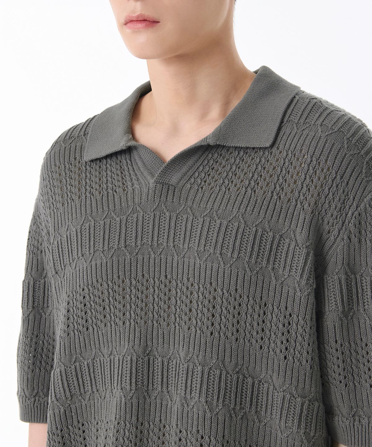 무신사 스탠다드(MUSINSA STANDARD) 멀티 크로셰 슬릿 넥 니티드 폴로 셔츠 [카키 그레이]