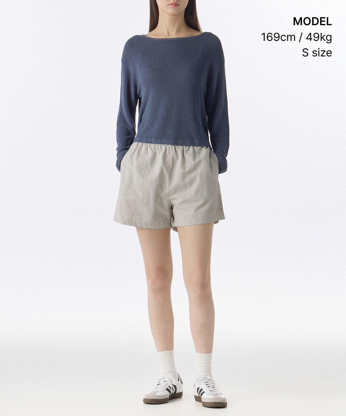 무신사 스탠다드 우먼(MUSINSA STANDARD WOMAN) 우먼즈 린넨 블렌드 보트 넥 시어 니트 [블루 그레이]
