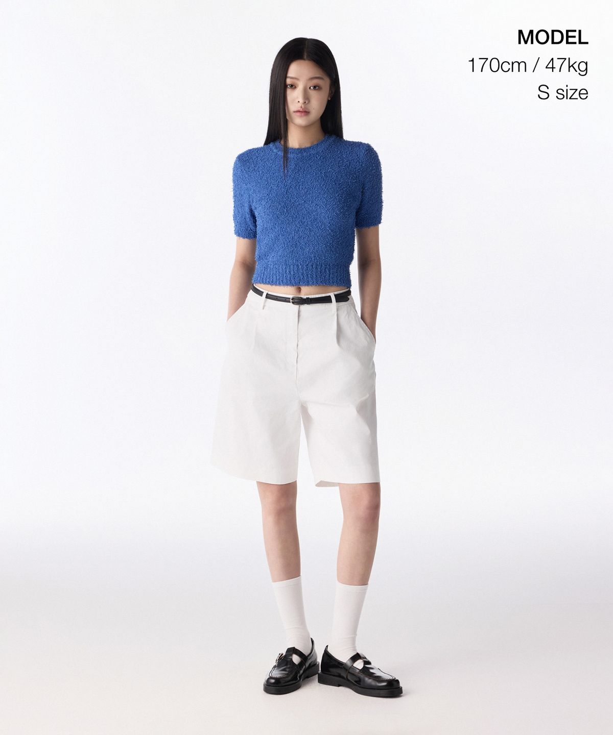무신사 스탠다드 우먼(MUSINSA STANDARD WOMAN) 우먼즈 팬시 얀 크루 넥 반팔 니트 [삭스 블루]
