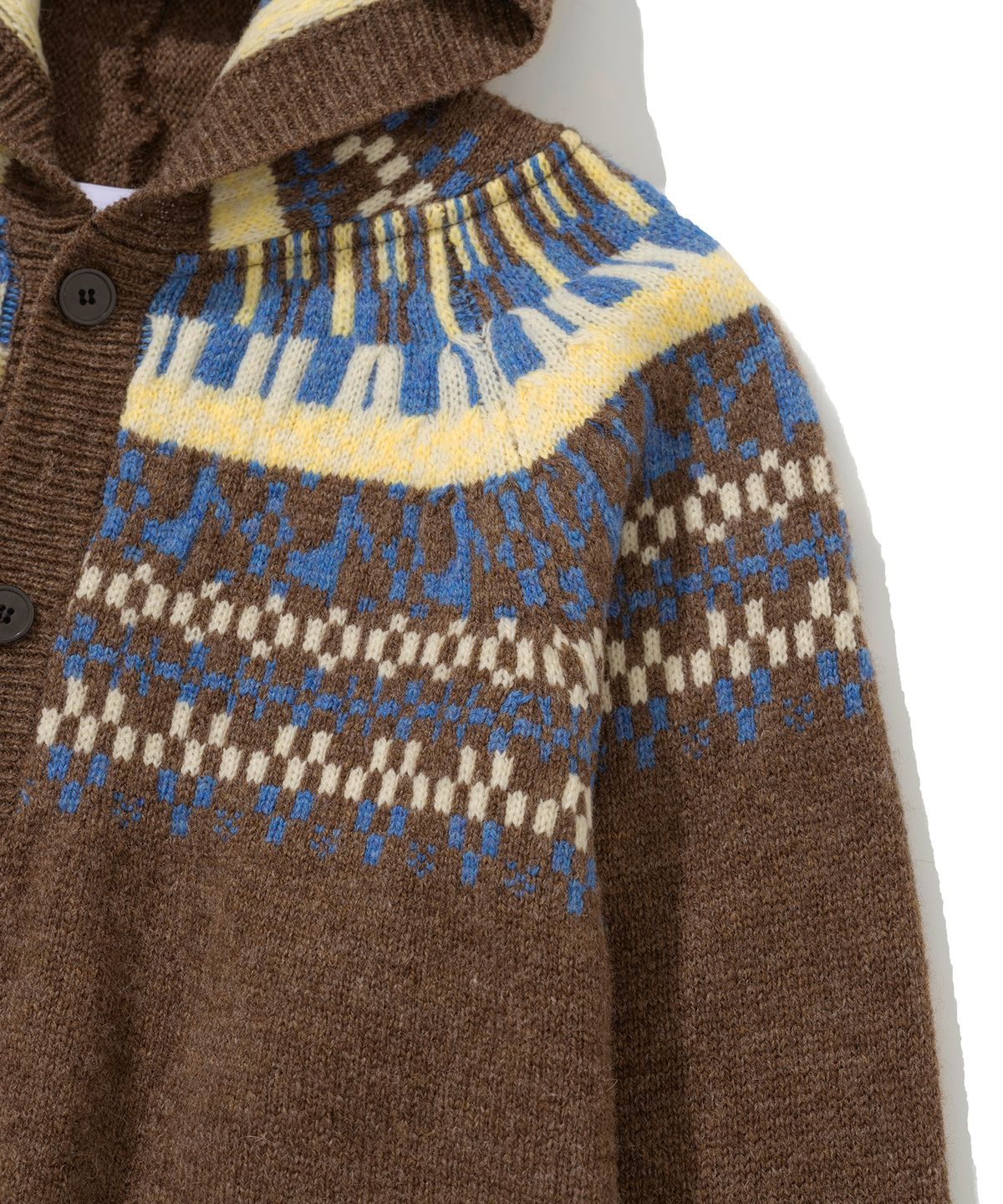 니티드(KNITTED) 노르딕 멜로디 후디 가디건 BROWN