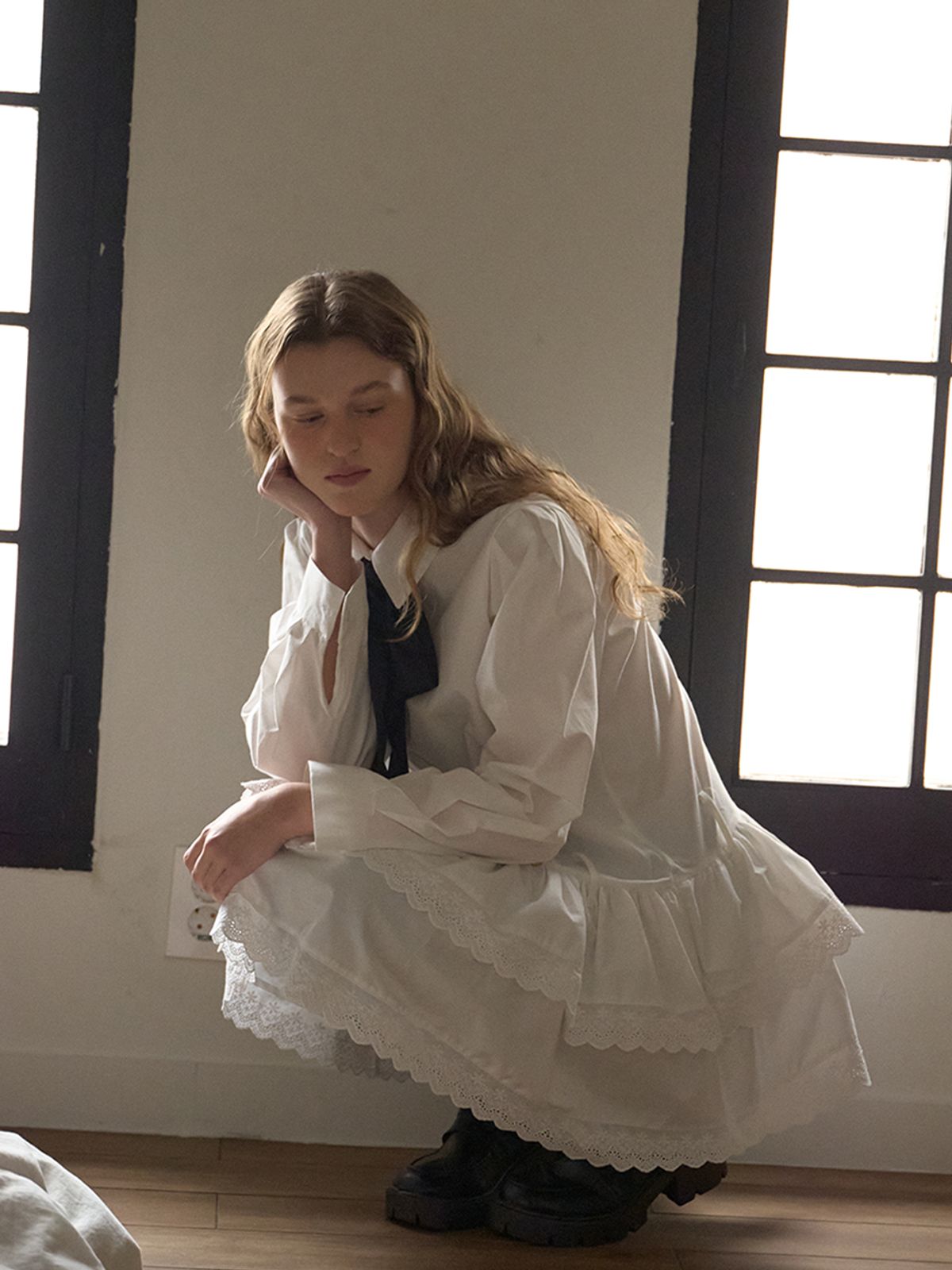 아노에틱(ANOETIC) LACE TIE SHIRT DRESS_WHITE