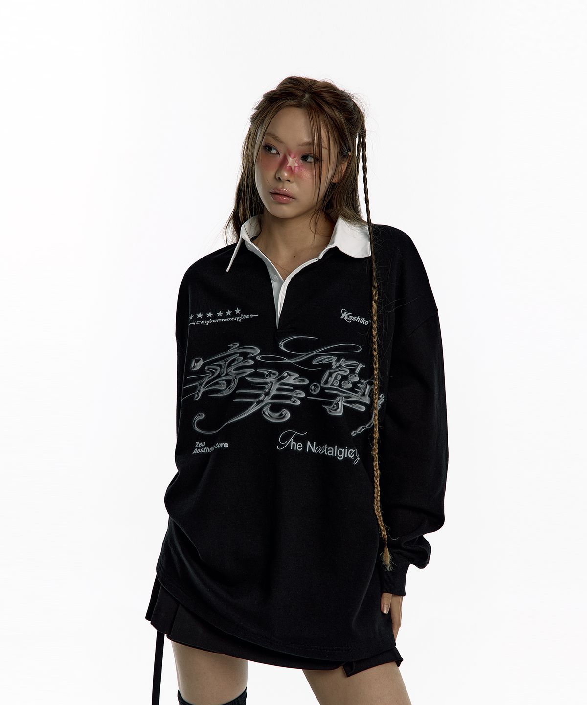 카시코(KASHIKO) Aesthetic Collar Rugby Shirts Black