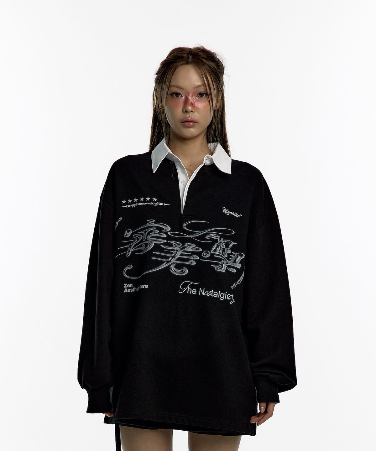 카시코(KASHIKO) Aesthetic Collar Rugby Shirts Black