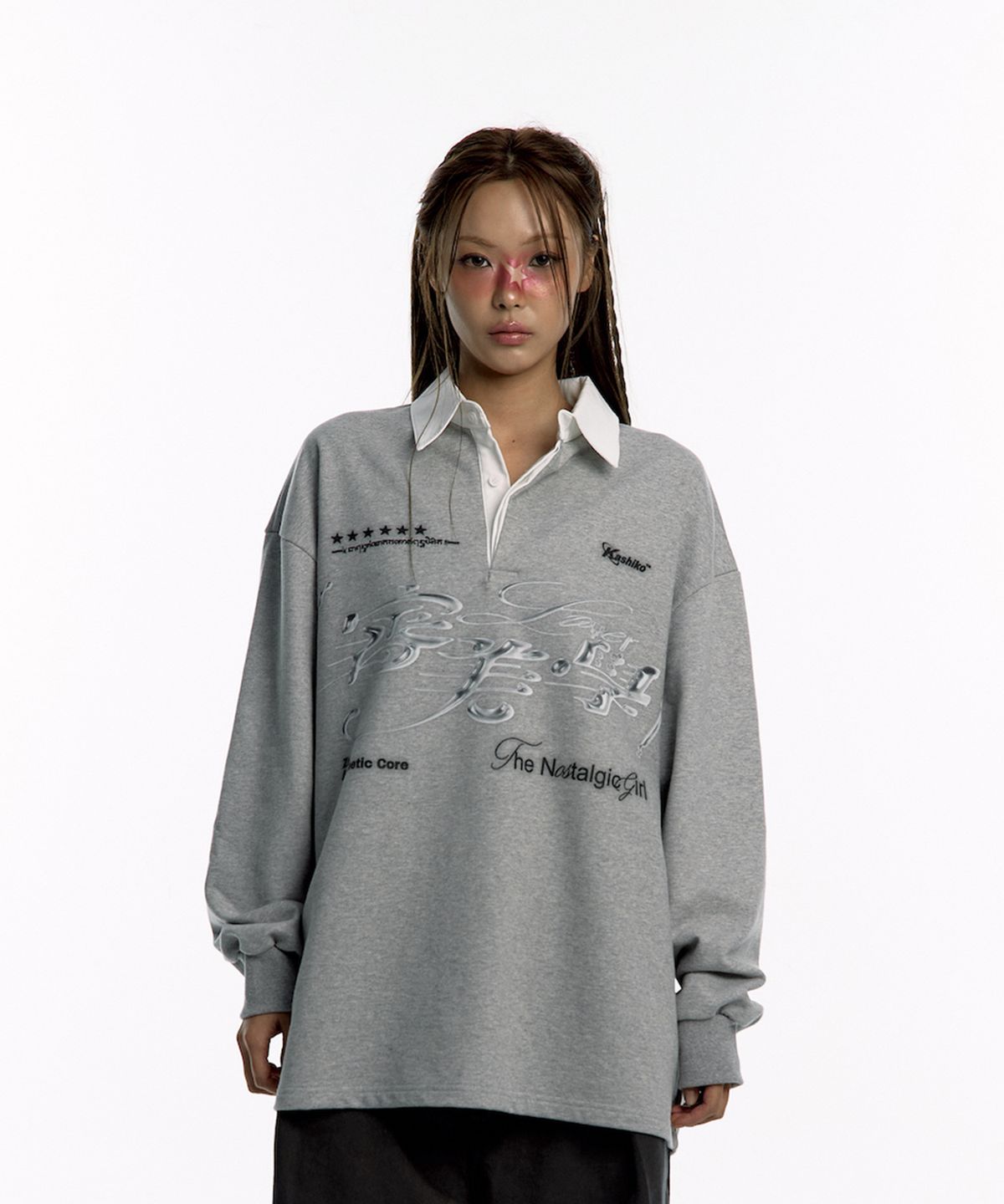카시코(KASHIKO) Aesthetic Collar Rugby Shirts Gray