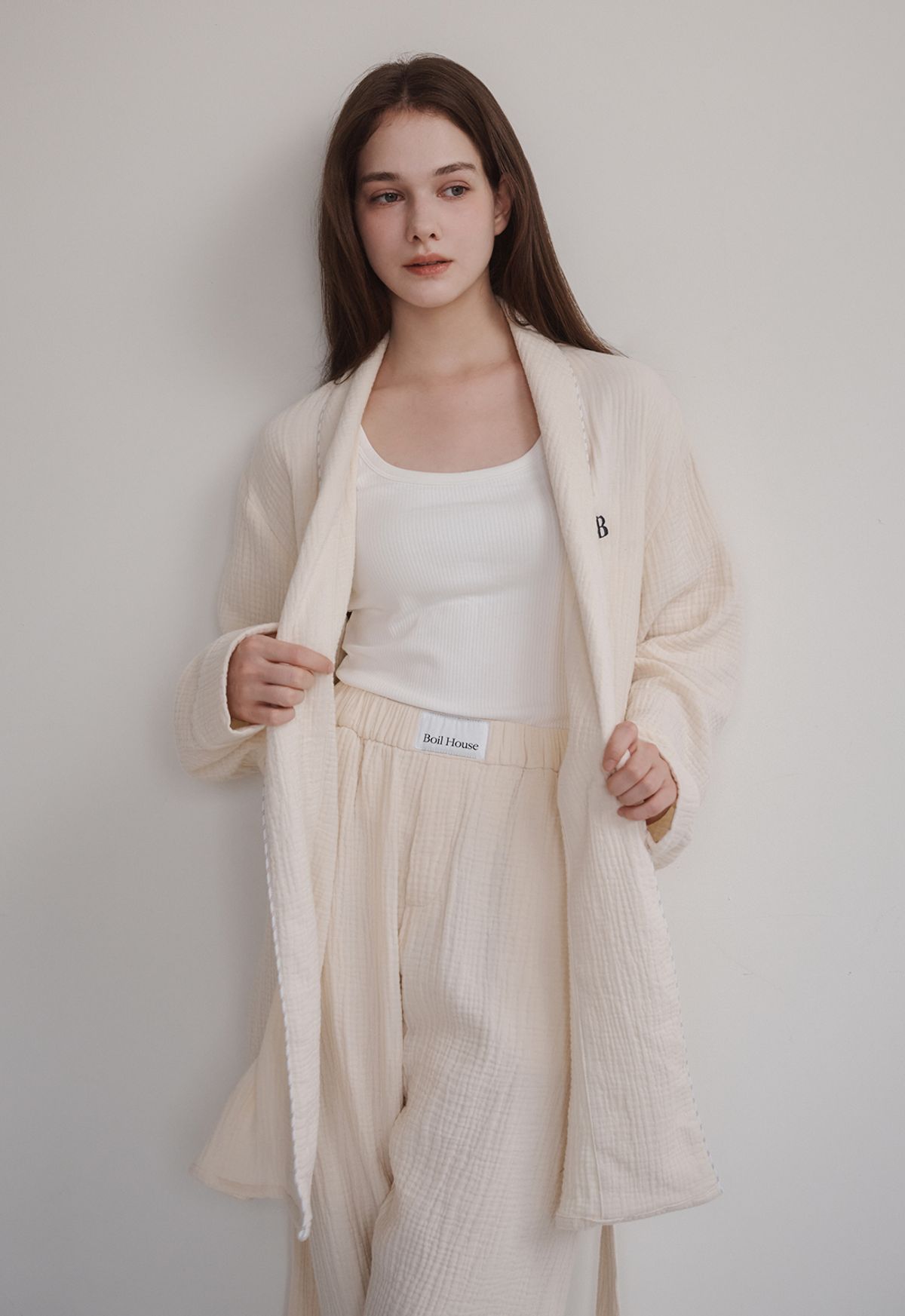 보일하우스(BOIL HOUSE) Cotton Stripe Piping Robe Pajama Set (ivory)