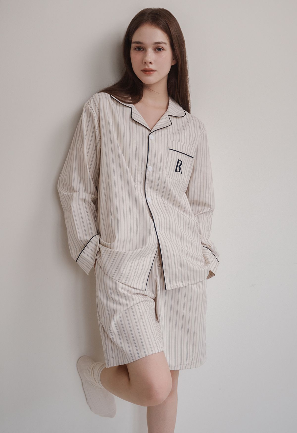 보일하우스(BOIL HOUSE) Stripe Pattern Half Pajama Set (navy)