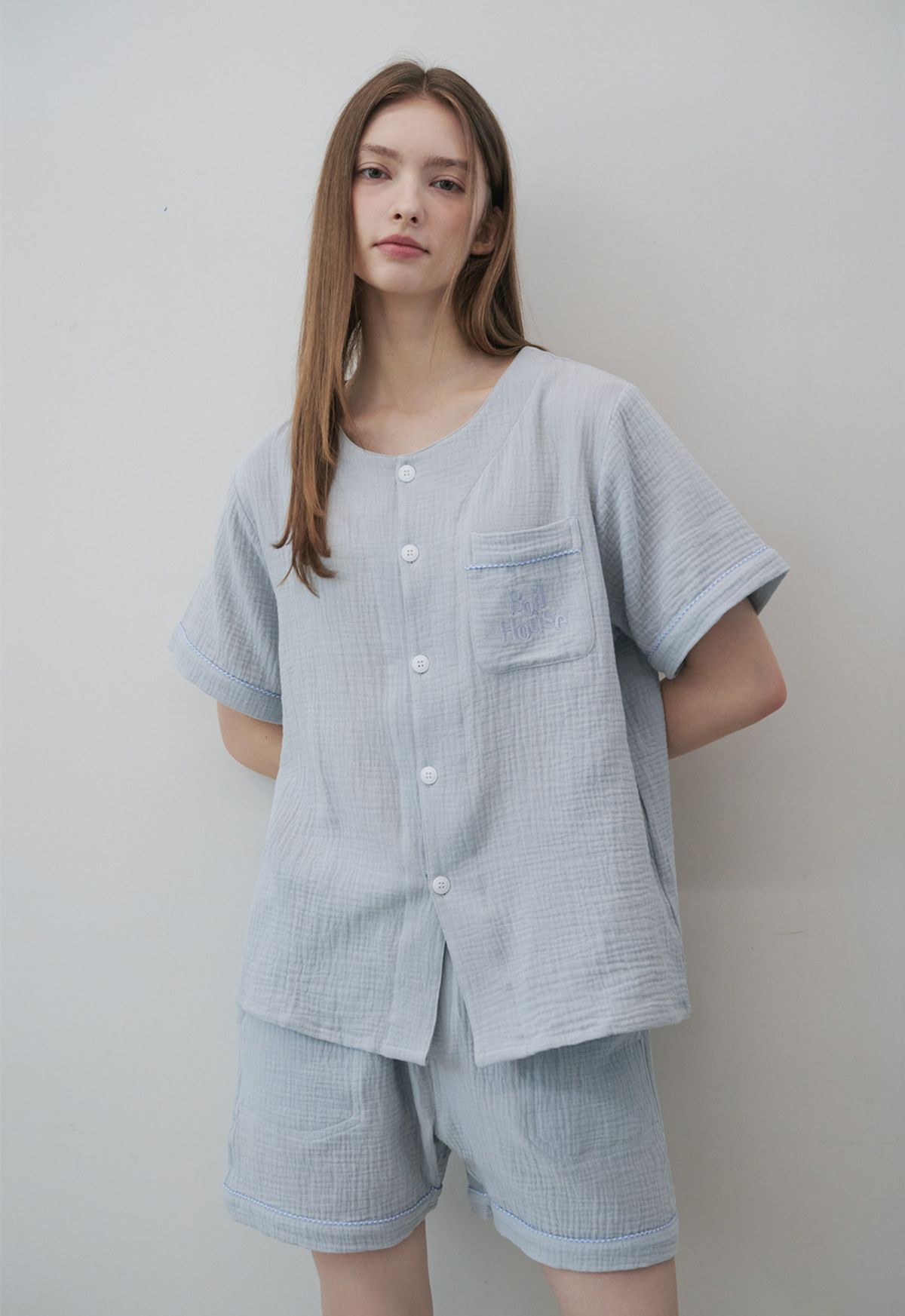 보일하우스(BOIL HOUSE) Cotton Gingham Piping Pajama Set (Blue)
