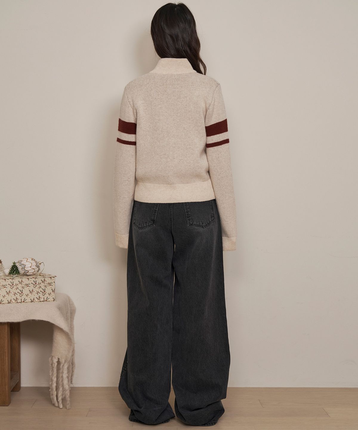 라츠유(LOTSYOU) lotsyou_Varsity Knit Zip-up Cardigan Oatmeal