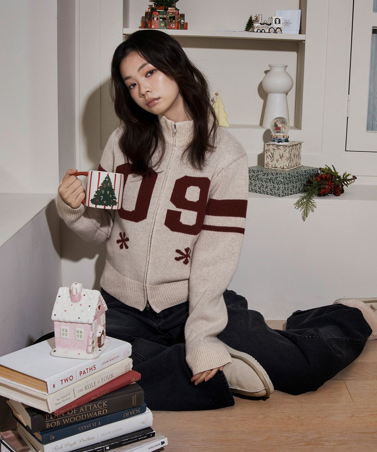 라츠유(LOTSYOU) lotsyou_Varsity Knit Zip-up Cardigan Oatmeal