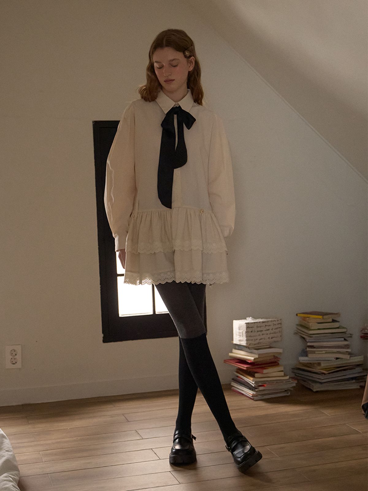 아노에틱(ANOETIC) LACE TIE SHIRT DRESS_BEIGE