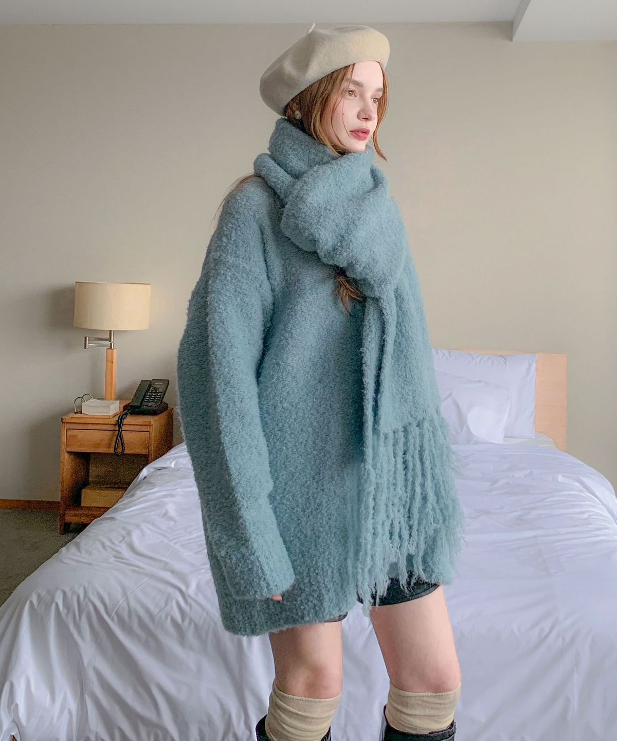 바스카라(VASCARA) [SET] Glass Boucle V-neck Wool Cardigan+Muffler