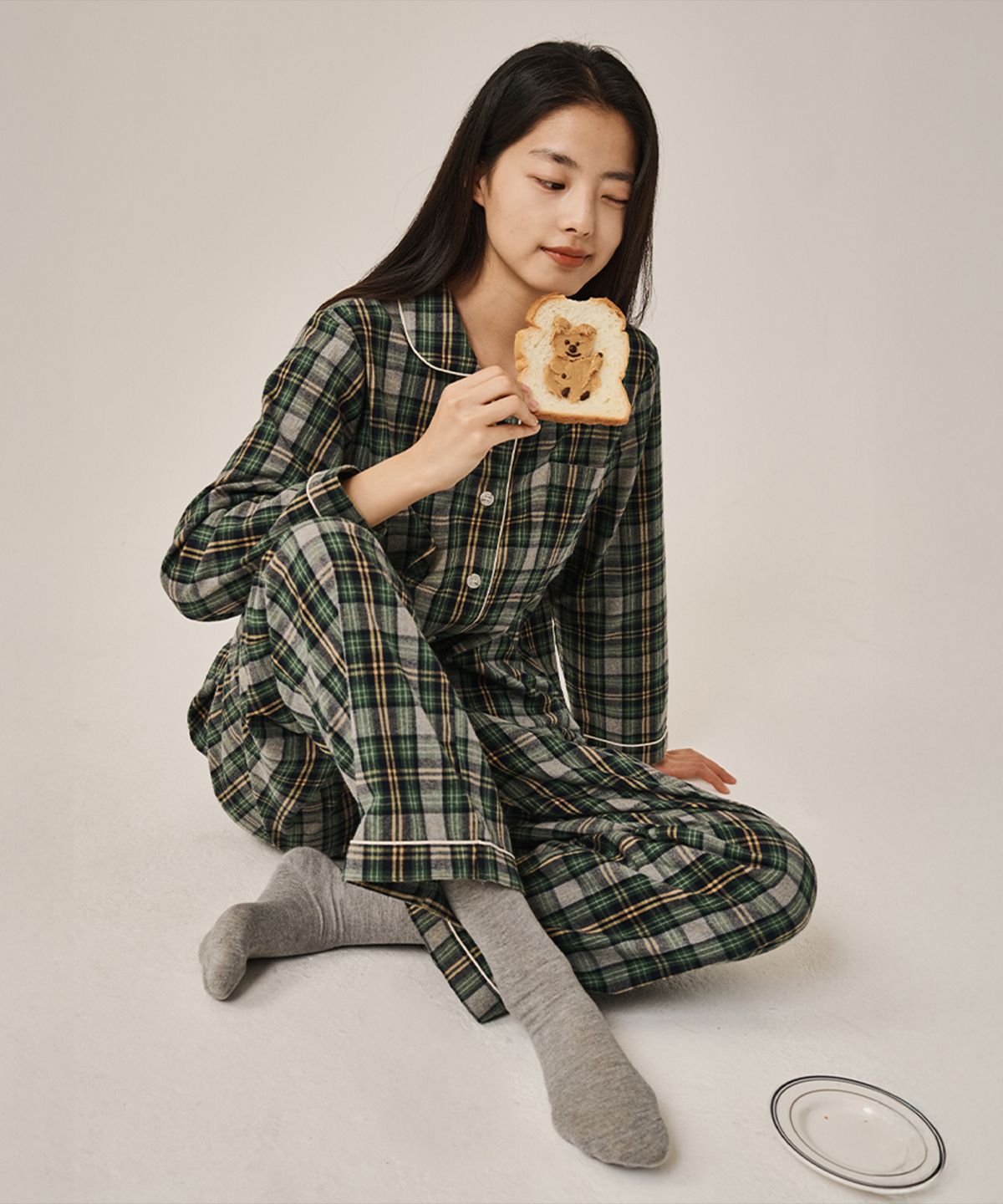 오끼뜨(OGGITT) (w)앵커 머그워트 체크 파자마 긴소매세트 그린